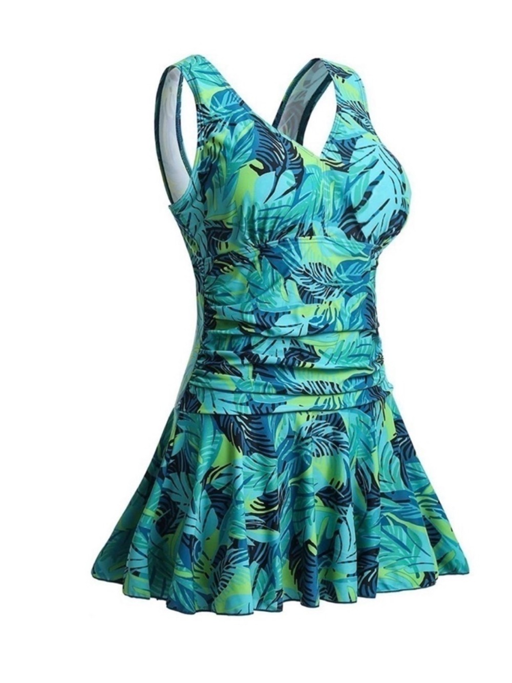 Summer Mae Tropical Leaf Print Swimdress 2X- Teal & Navy
